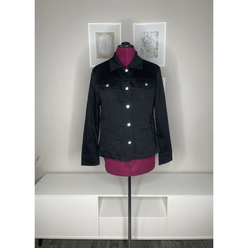 Christine Alexander Denim Jacket Women's L Black Rhinestones Swarovski Button Up